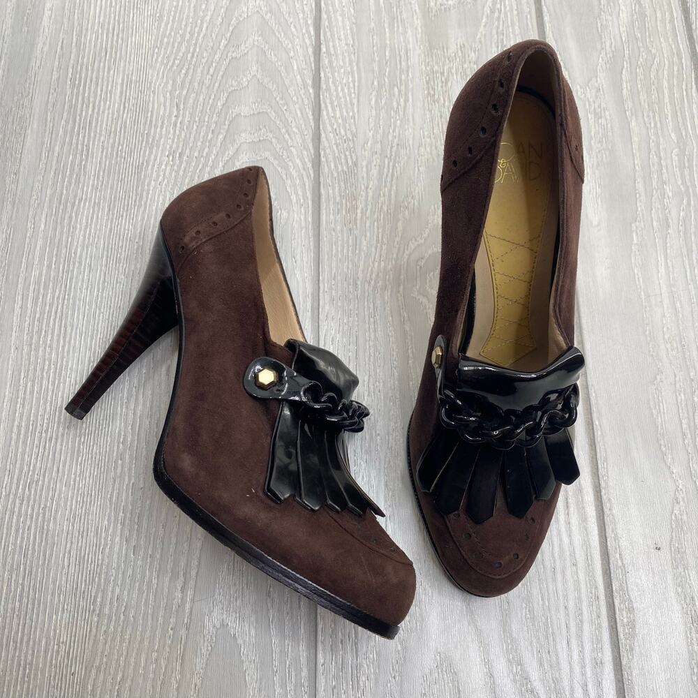 Joan & David Women's Kiltie Black & Brown Leather Suede Tassel High Heels Sz 7.5